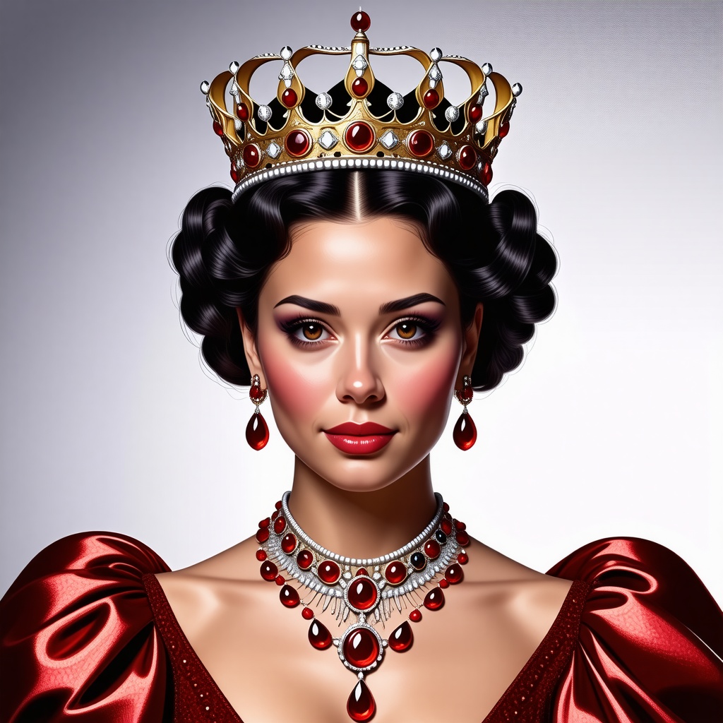 realistic queen with a crown and red jewel necklace