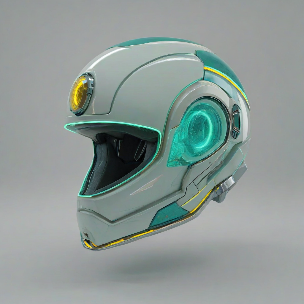 A full-body view of a retro-futuristic helmet, with a dominant aquamarine color scheme, adorned with neon accents and sleek, metallic surfaces, set against a plain white background, in the style of Synthwave art, with vibrant, glowing lines and abstract shapes, on a plain white background, even lighting