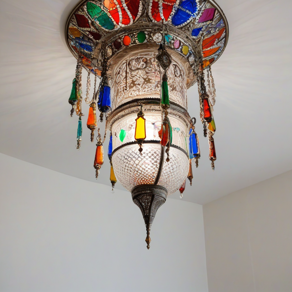 A Moroccan style glass chandelier, with intricate cutouts and colorful glass panels, hanging from the ceiling in a wide shot, with a plain white background, in a realistic style with vibrant colors, full-body view of the chandelier, including the chain and ceiling mount, with a warm and cozy lighting effect, on a plain white background, even lighting