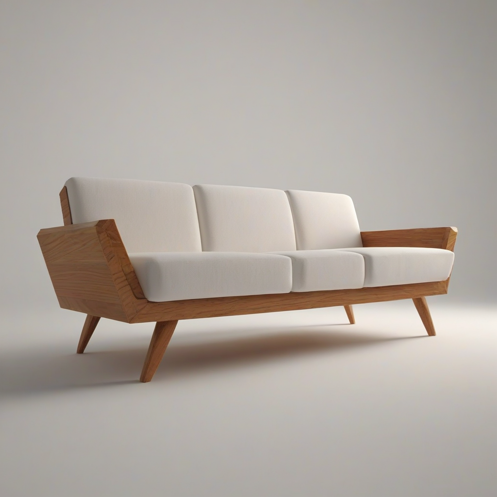A low poly, ivory, wooden couch with a simple, minimalist design, on a plain white background, in a wide shot with the chair's legs and base visible, with soft, warm lighting and no shadows, in a digital art style, on a plain white background, even lighting, on a plain white background, even lighting 