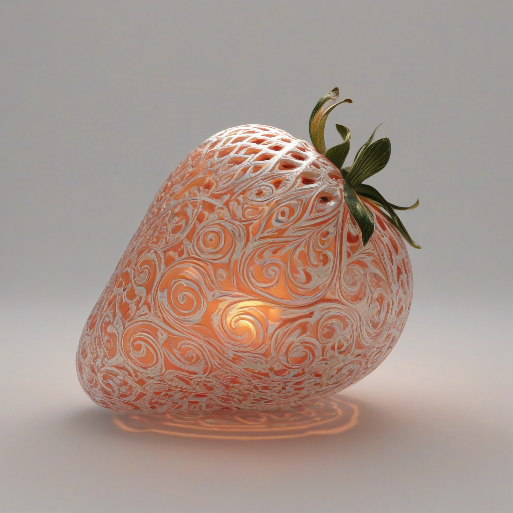 A magical artifact, a glowing strawberry with intricate, swirling patterns etched into its surface, set against a plain white background, in a wide shot with the entire peach visible, with a soft, warm light and a sense of mysticism, in an industrial style with metallic accents and a sense of futurism, digital art, on a plain white background, even lighting