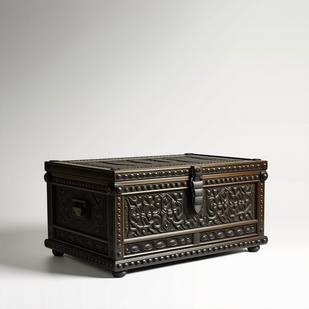 A highly detailed, bronze chest, with intricate carvings and a rustic, aged patina, in a wide shot, with the entire chest visible, including the lid and base, on a plain white background, rendered in a realistic style, with accurate lighting and shading, and a sense of depth and texture, in the style of a museum-quality, historical artifact