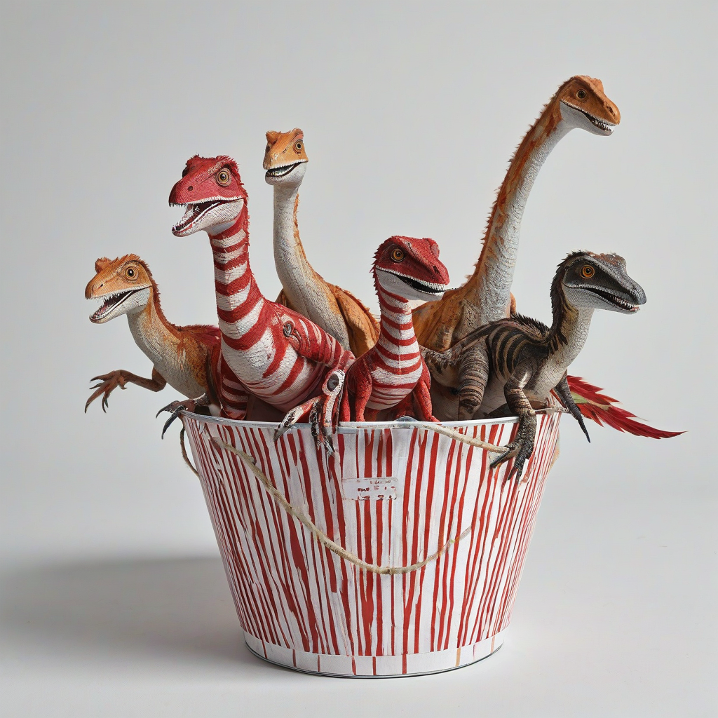 A paper bucket with vertical red and white stripes, containing a group of velociraptor dinosaurs with vibrant, colorful feathers, sitting inside it., on a plain white background, even lighting