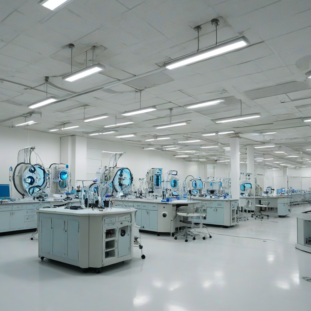 Futuristic, gungy science lab, wide shot, science equipment, pendant lights, plain white background