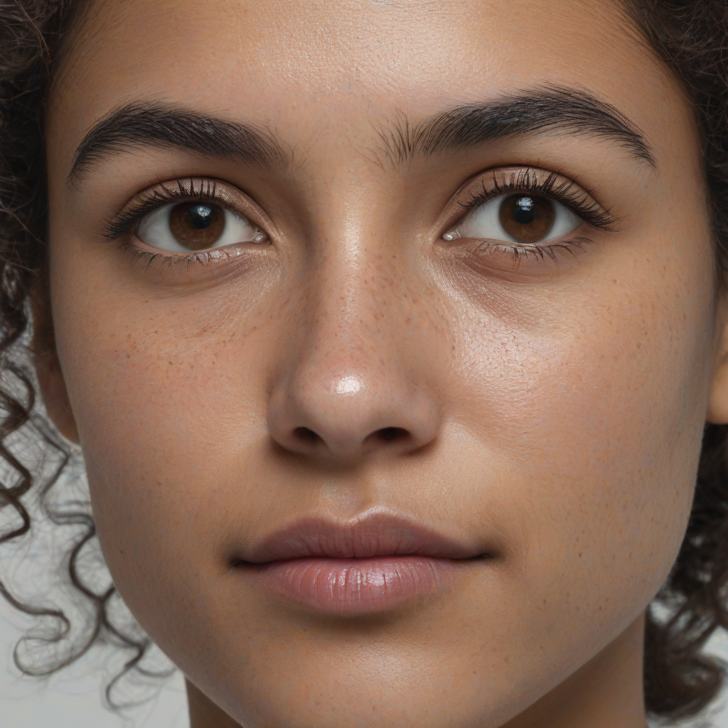 "detailed and realistic portrait of a young woman with warm brown skin, textured with subtle wrinkles, an oval face shape, and a soft jawline, her eyes are wide-set and almond-shaped with a playful curiosity expression, eyebrows raised slightly, her nose is slightly broad and straight, and her lips are full and softly pursed, thick curly silver and dark brown hair, in soft natural light, studio setting