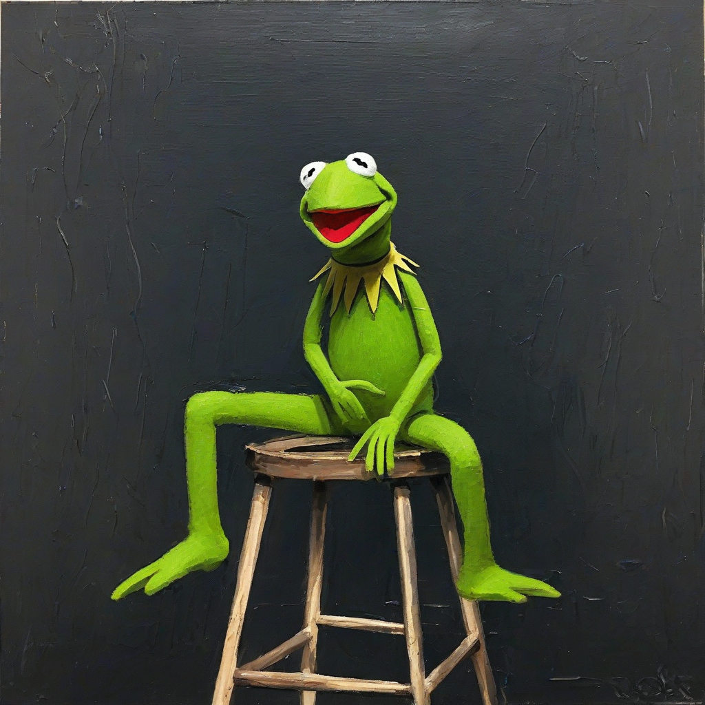 Kermit on stool in dark room, oil painting with messy brush strokes