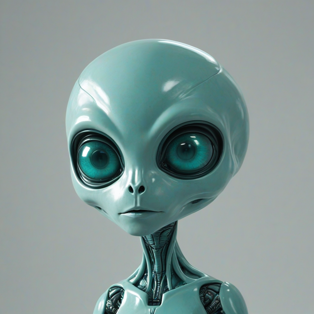 A teal, retro-futuristic, big headed alien, on a plain white background, with even lighting, on a plain white background, even lighting