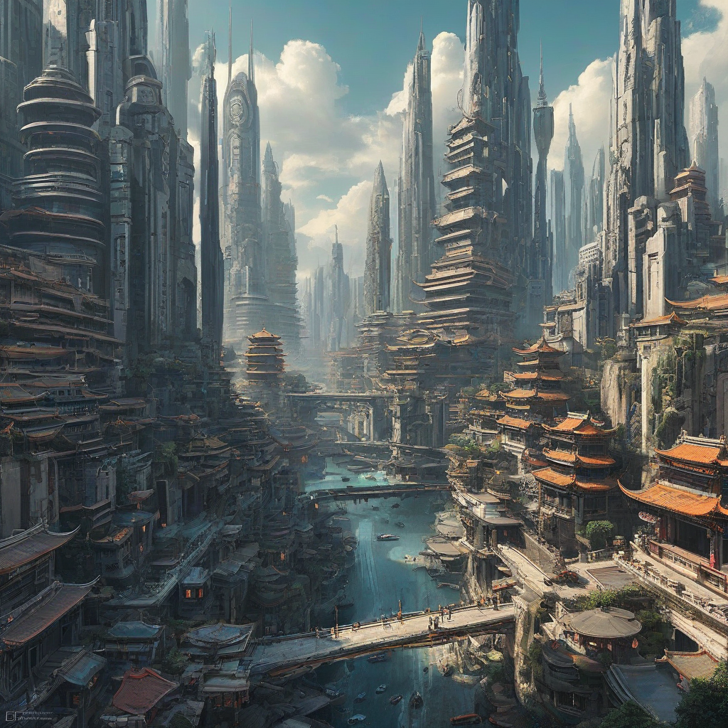 Futuristic city in Huang Guangjian art style