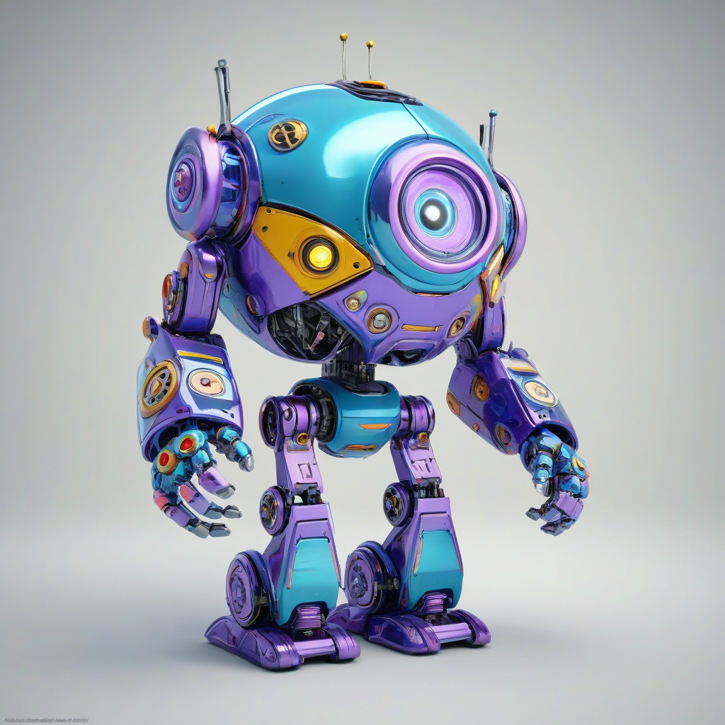 A full-body view of a periwinkle-colored robot, with a cartoon style, standing on a plain white background, with bright and vibrant colors, and a wide-angle shot, featuring a fun and playful expression, with detailed mechanical parts and a shiny metallic surface, in a digital art style with bold lines and textures, on a plain white background, even lighting