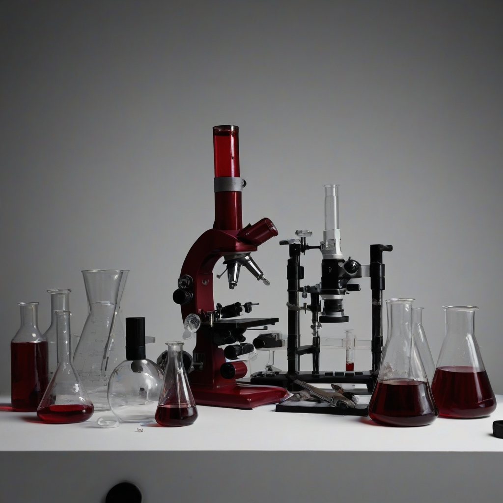 A wide shot of a vintage scientific laboratory setup, with various equipment such as beakers, test tubes, and microscopes, all having a predominantly Crimson color scheme, set against a plain white background, with a film noir-inspired aesthetic, high contrast and dramatic lighting, on a plain white background, even lighting 