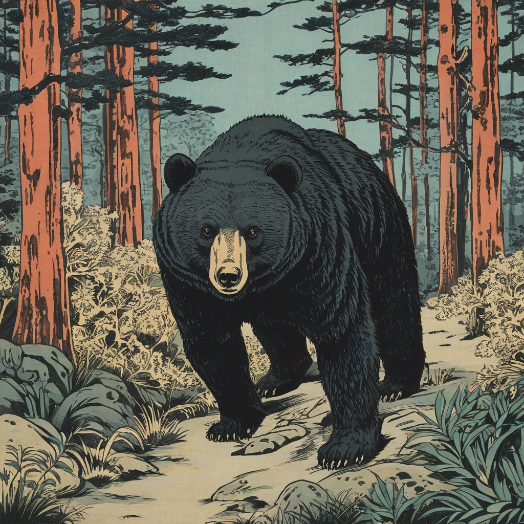 Ukiyo-e style of a bear in a forest