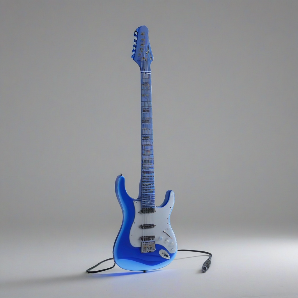 A futuristic, sleek, indigo-colored electric guitar, with neon blue accents, in a wide shot, on a plain white background, with a shallow depth of field, and a subtle gradient effect to give it a sci-fi feel, full-body view, with the guitar's body and neck clearly visible, and the background blurred to emphasize the instrument
