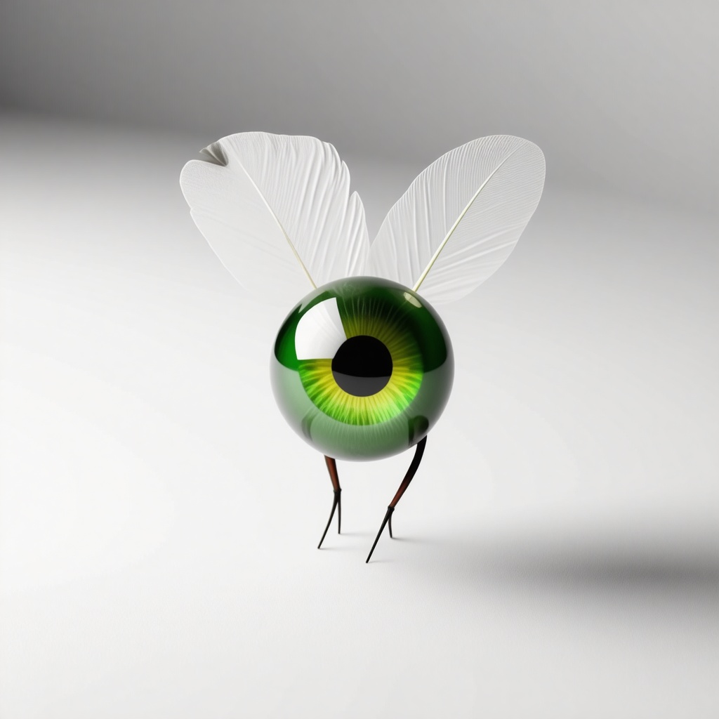 A green flying eyeball with small white feathered wings