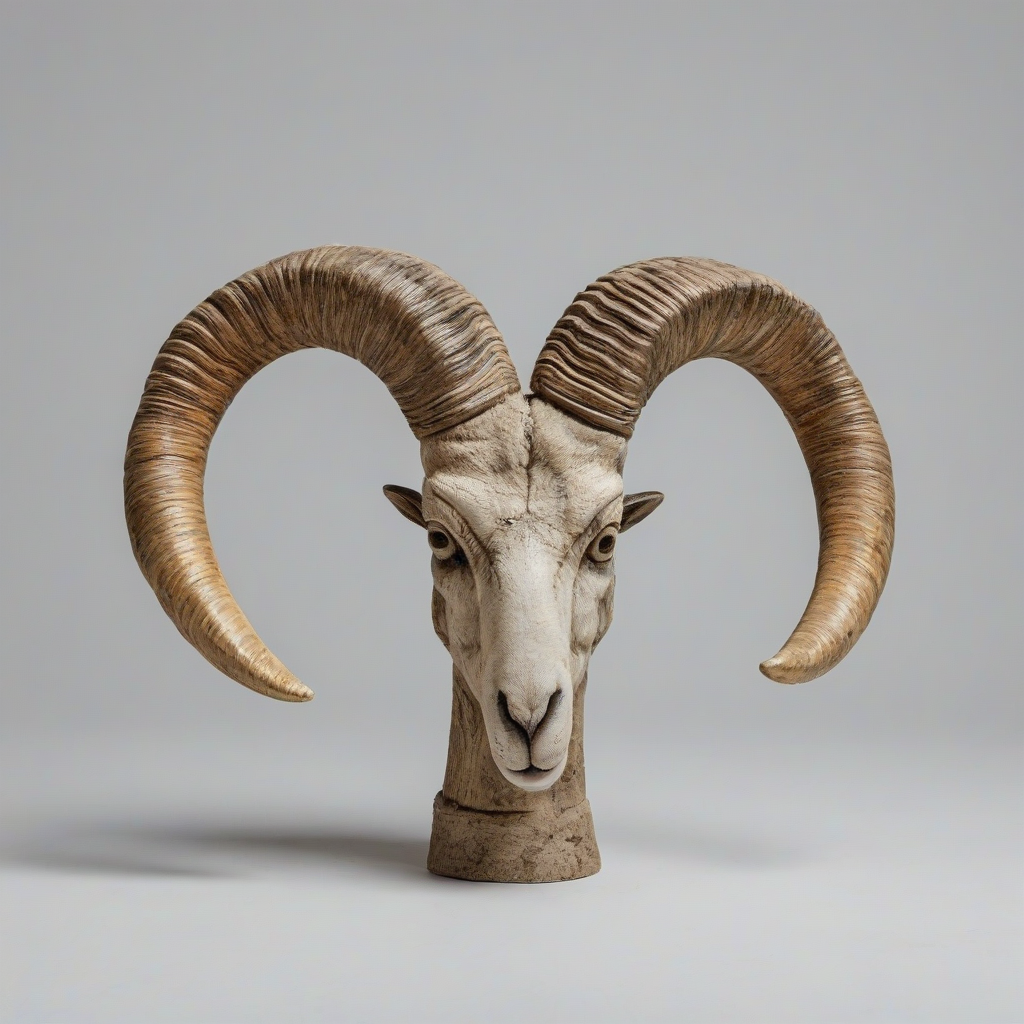 a ram's horn-shaped sculpture, on a plain white background, even lighting