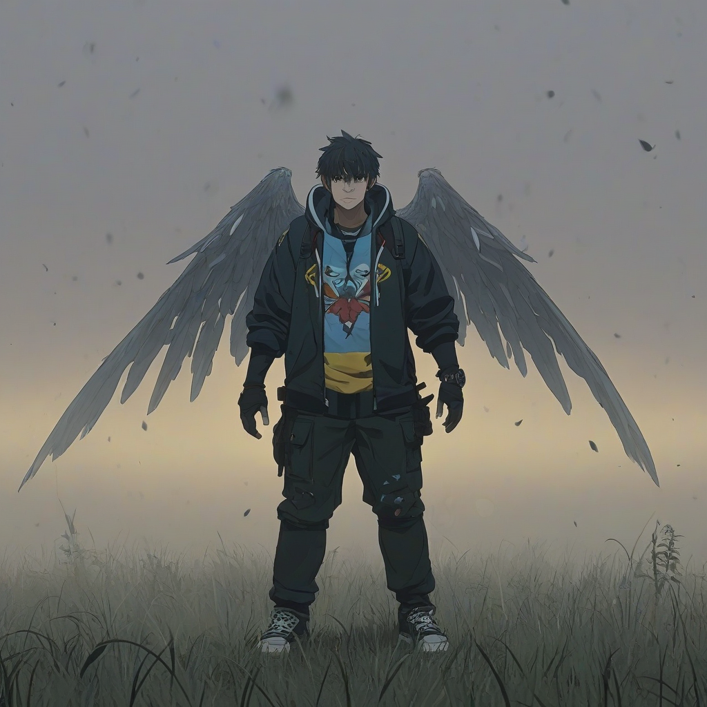 A man wearing baggy and thick clothes, with 2d drawn anime wings, standing in a foggy barren grassland with volumetric fog lighting