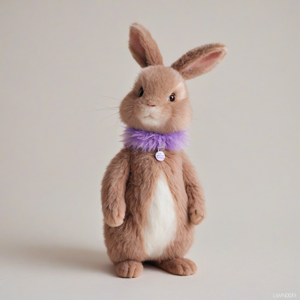 A full-body view of a cute, fluffy chocolate rabbit with lavender-colored fur, wearing a grunge-inspired collar with a name tag that reads 'Lavender', on a plain white background, with soft, natural lighting and a slight blur effect to emphasize the rabbit's adorable features, in the style of a digital illustration with bold lines and pastel colors, on a plain white background, even lighting