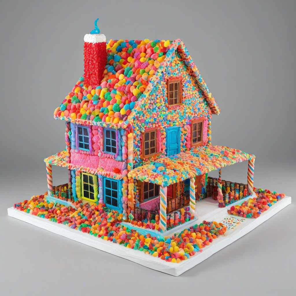 A colorful 3D house made entirely of candy, with a wide shot of the full structure, including the roof, doors, and windows, all made of various types of sweets like gummy bears, lollipops, and licorice, on a plain white background, on a plain white background, even lighting