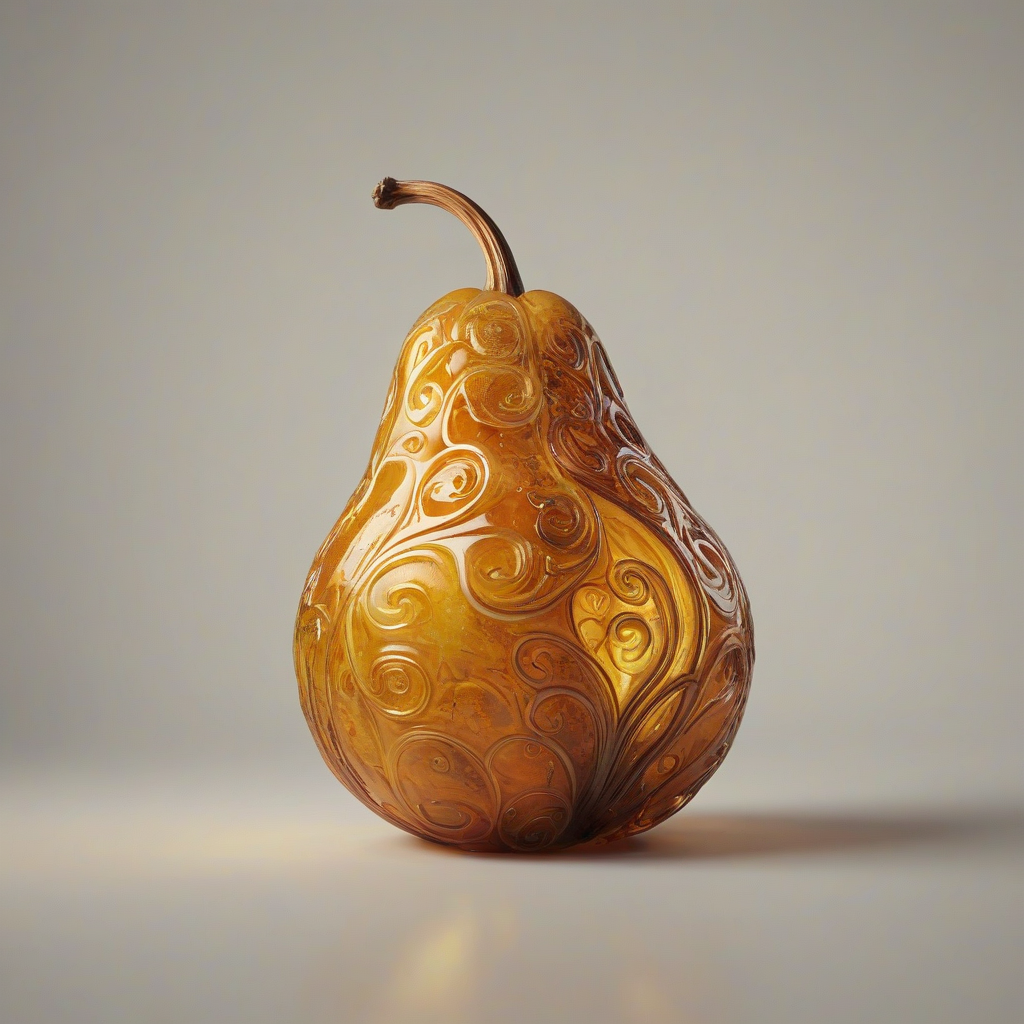 A single, large, amber-colored fantasy fruit with intricate, swirling patterns and a glowing aura, sitting on a plain white background, full-body view, wide shot, with soft, warm lighting and a slight misty atmosphere, in the style of a digital painting, on a plain white background, even lighting, on a plain white background, even lighting 
