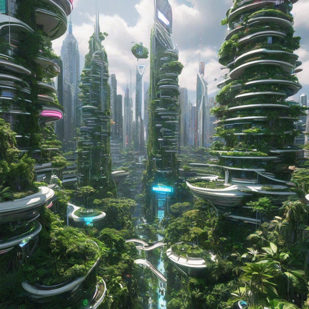 A futuristic, high-tech, eco-punk world with lush greenery and vibrant neon lights, set in a dense, sprawling metropolis with towering skyscrapers and advanced, sustainable technology, in a wide shot with a plain white background, full-body view of the cityscape