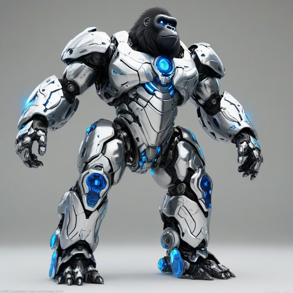 A large, futuristic, silver and black gorilla mecha, full-body view, standing on a plain white background, with a wide shot, and dynamic shadows, in a digital art style with a hint of anime influence, with bright blue eyes and sharp metallic details, feet visible, on a plain white background, even lighting 