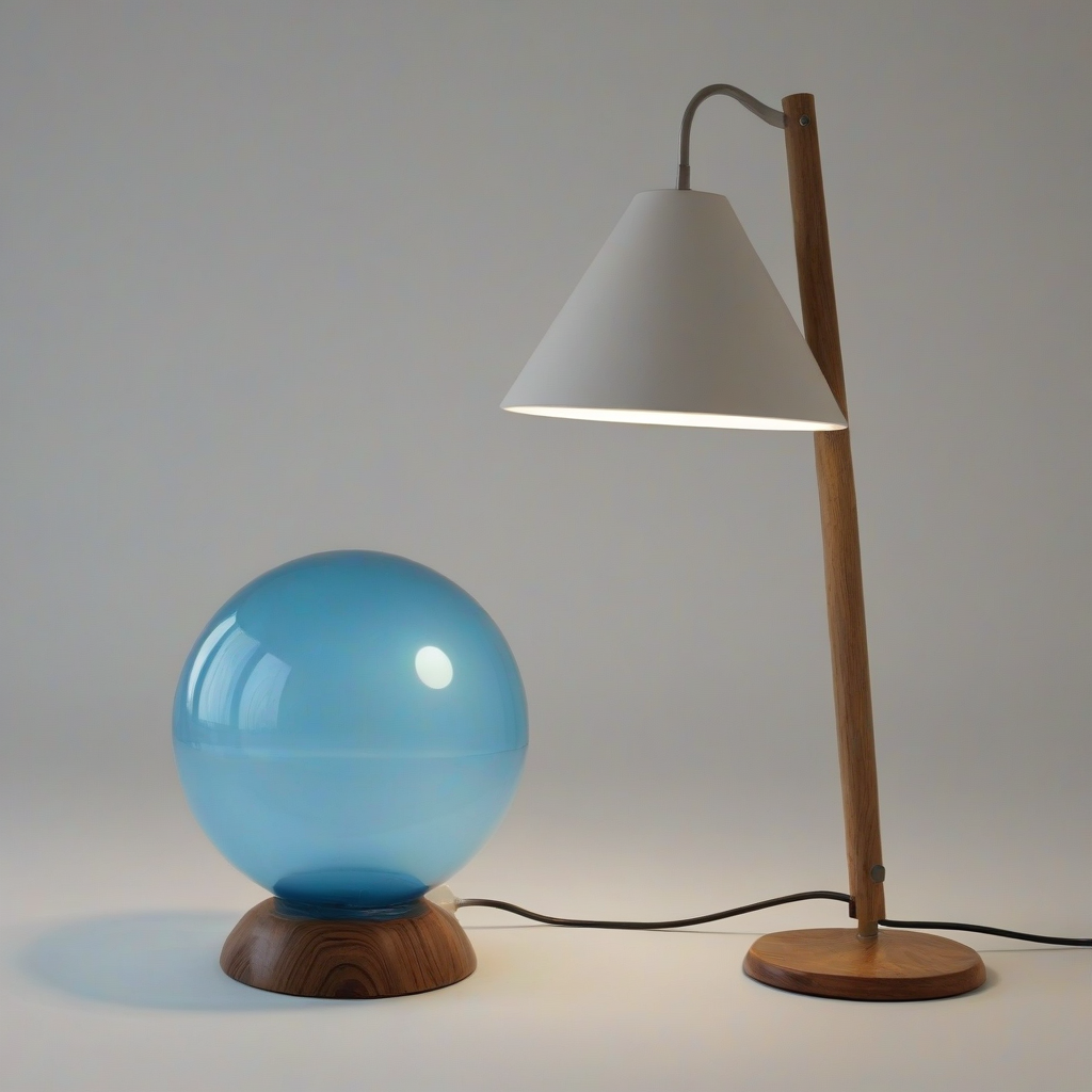 A table lamp with a wood cone shaped base and a blue glass orb shade, wide shot, full-body view, on a plain white background, with soft, warm lighting, in the style of a minimalist digital illustration, on a plain white background, even lighting 