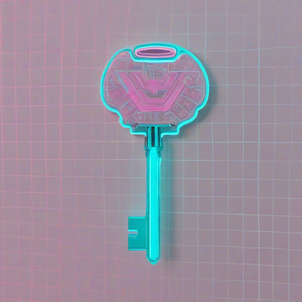 A teal, retro-futuristic key, with a neon glow, in a wide shot, full-body view, on a plain white background, in the style of vaporwave, with a grid pattern and Japanese characters in the background, with a dreamy, nostalgic atmosphere, and a soft, pastel color palette