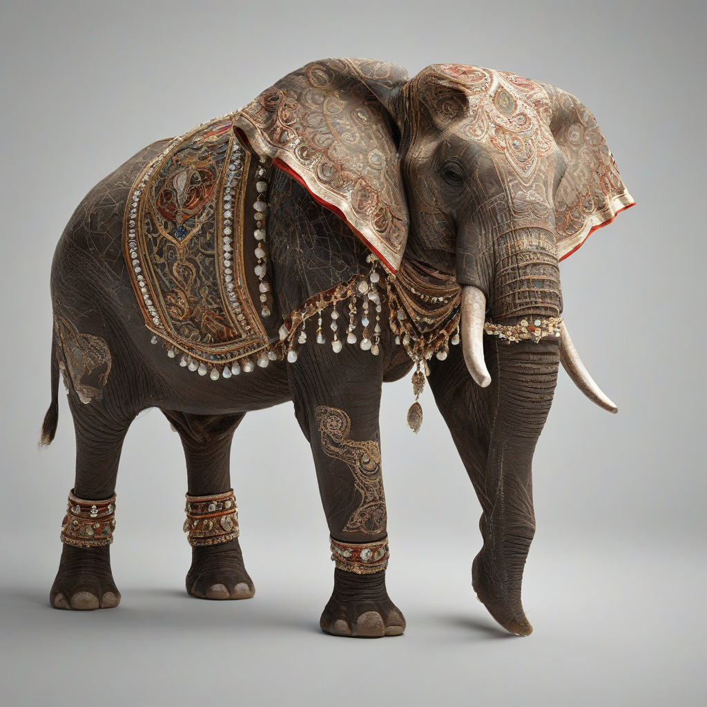 A large elephant with ceremonial jewels and intricate patterns on its body, standing in a full-body view on a plain white background, with a wide-angle shot, and dramatic lighting, in the style of a digital illustration, on a plain white background, even lighting 