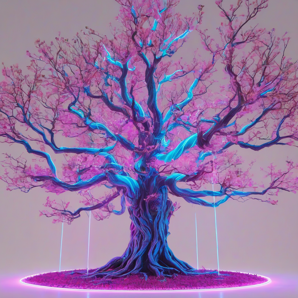 a full-body view of a vibrant, neon-lit, enchanted tree, named Mustard, with a mesmerizing vaporwave aesthetic, set against a plain white background, with glowing blue and pink accents, and a futuristic, dreamy atmosphere, in a wide shot, with the tree's roots and branches fully visible