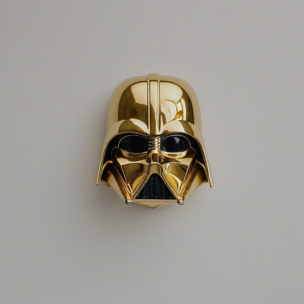 Gold Darth Vader mask, on a plain white background, even lighting