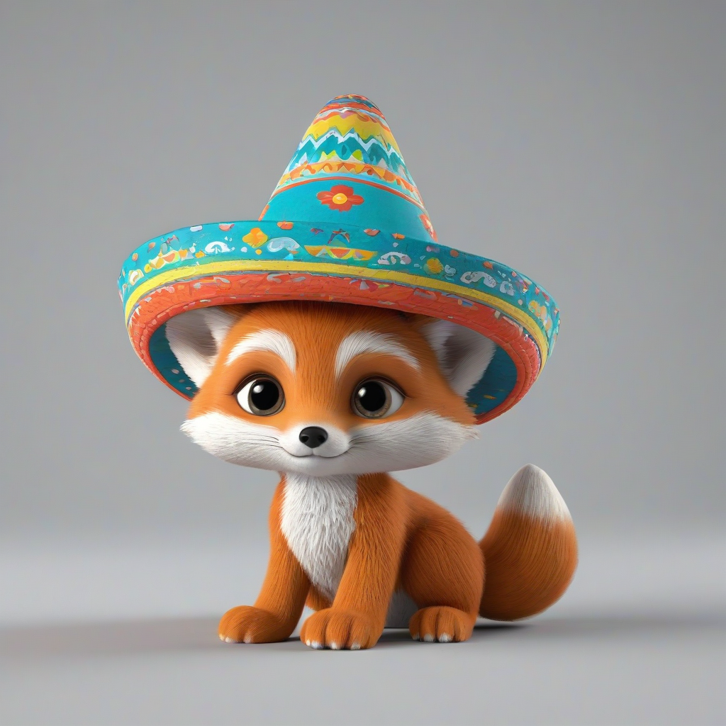 3d cartoon animation, cute baby fox, wearing a sombrero, big eyes, rounded features, short body, tiny nose, tiny feet, vivid colors, wide angle shot, feet visible,, on a plain white background, even lighting