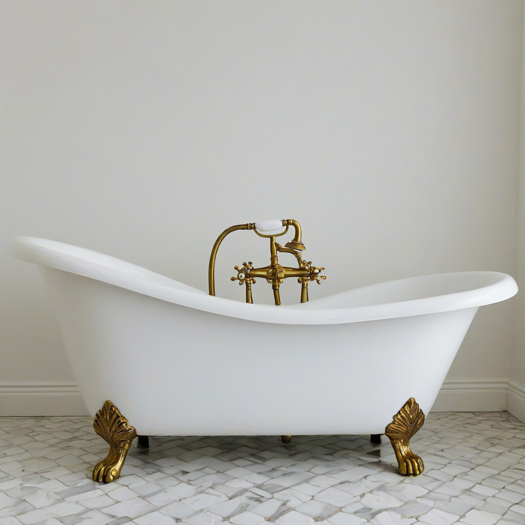brass clawfoot bathtub, wide angle shot, bright lighting, on a plain white background, even lighting