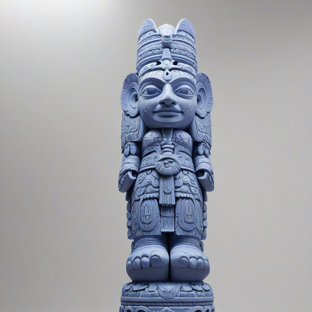 A highly detailed, full-body view, periwinkle-colored totem pole, set against a plain white background, in a realistic style, with intricate carvings and textures, under soft, natural light, with a wide-angle shot, capturing the entire pole from top to bottom, with feet visible, in a serene and misty atmosphere, on a plain white background, even lighting