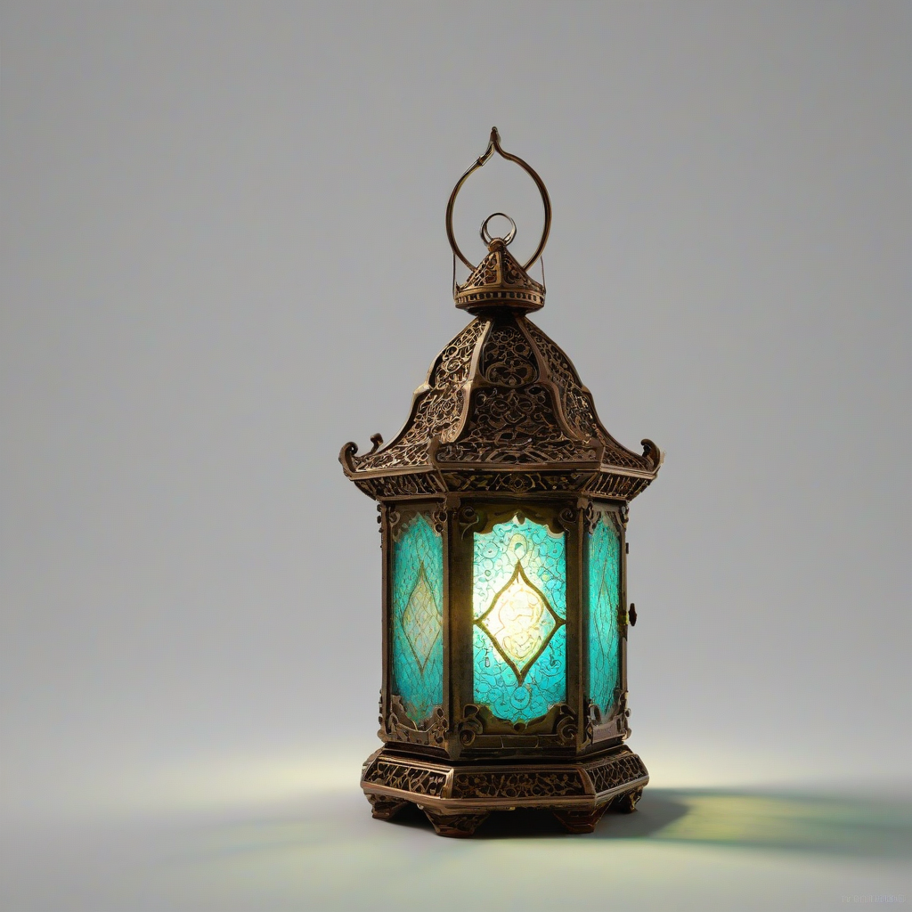A highly detailed, magical glowing lantern with intricate bronze details and a Byzantine colored glowing jewel at its center, set against a plain white background, in a wide shot with the lantern's base visible, illuminated by soft, warm lighting with dynamic shadows, in the style of a fantasy illustration with subtle texture and depth, full-body view of the lantern, on a plain white background