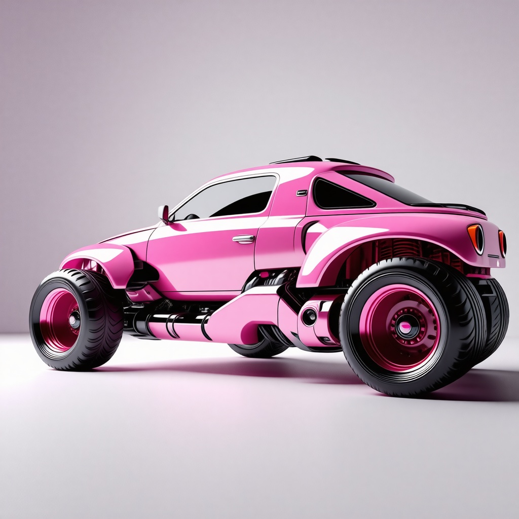 A futuristic, pink-colored, industrial-style vehicle, with metallic accents, in a wide shot, full-body view, on a plain white background, with dynamic shadows and backlight, in a digital art style