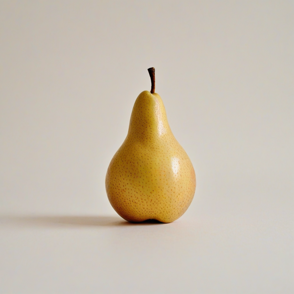 A black, cartoon-style, full-body view of a single piece of fruit, such as an apple or a pear, with a plain white background, vibrant lines, and exaggerated features, in a wide shot with the fruit's skin slightly shiny and the background completely white