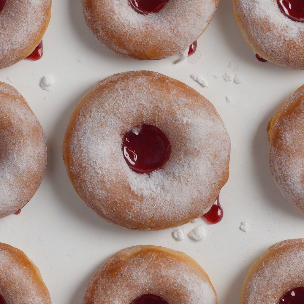 A full-body view of a delicious jelly filled donut with no hole in the center, red jelly oozing out of a small tear on the side, and covered in a thick layer of powdered sugar on top, on a plain white background, in a wide shot, with the donut's feet visible, in a digital art style with a focus on realism, on a plain white background, even lighting 