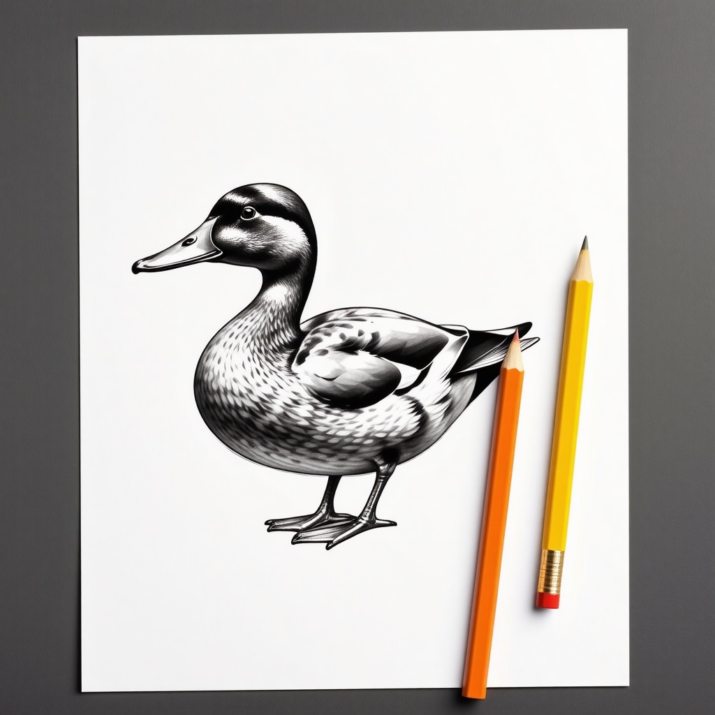 A sheet of paper with a yellow pencil next to it. Drawn on the paper is a roughly sketched duck