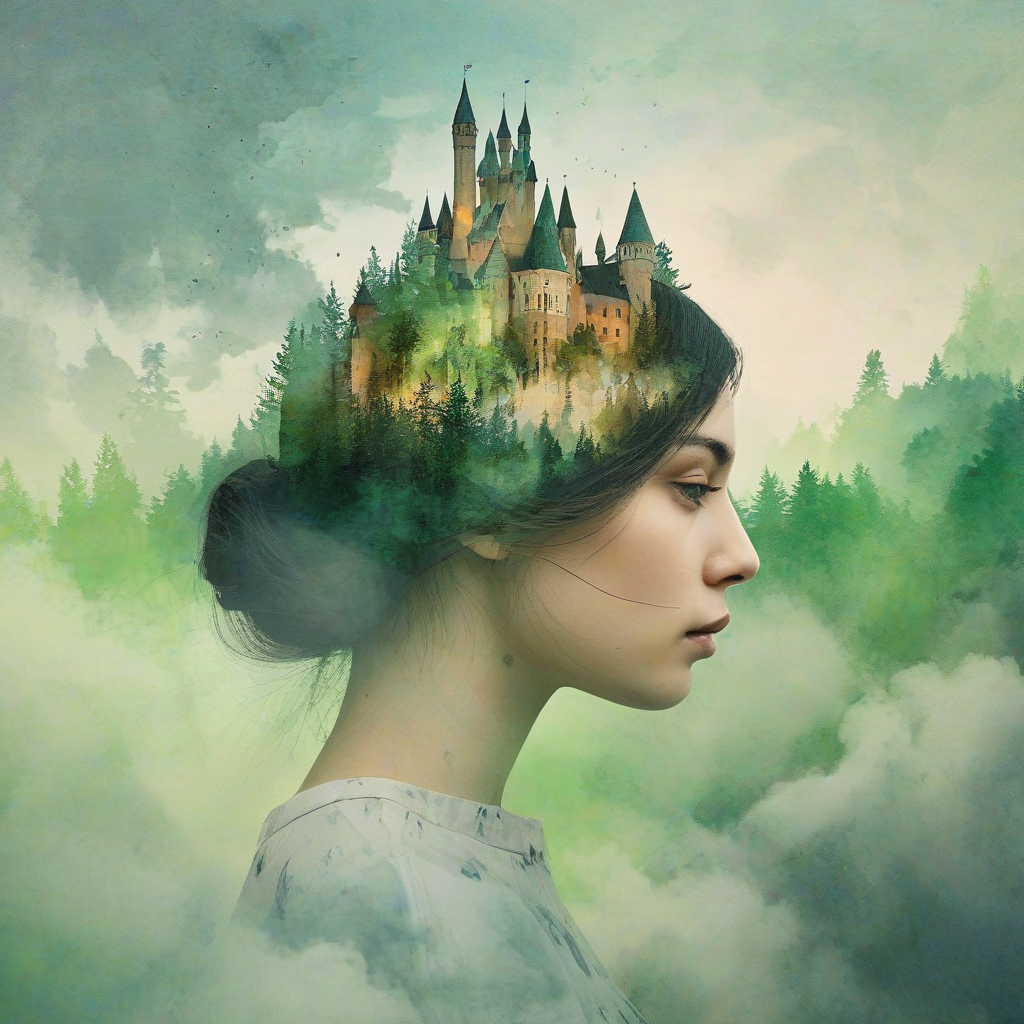Double exposure portrait of a woman's head in profile, filled with a surreal dreamscape featuring a majestic watercolor art style castle nestled in clouds and lush green forests, detailed, sunrise, atmospheric lighting, high resolution, watercolor art style, her head is the landscape