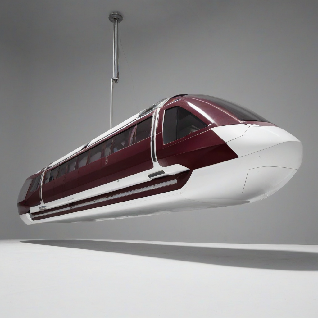 A futuristic, burgundy-colored, brutalist-style monorail, with a wide shot, full-body view, on a plain white background, with dynamic shadows, and a hard rim light, incorporating a sense of industrialism and modernity, with clean lines, and a minimalist aesthetic, on a plain white background, even lighting 