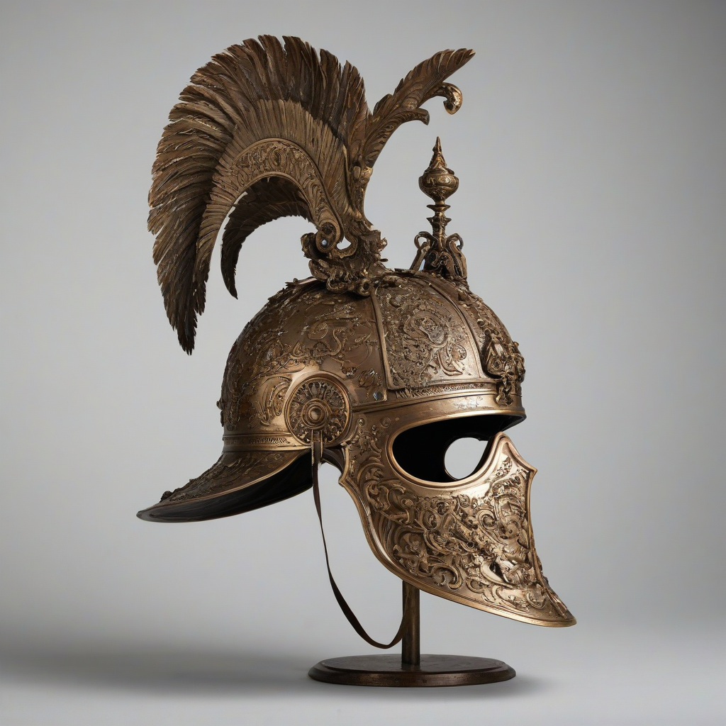 A highly detailed, bronze, Baroque-style helmet, with intricate engravings and ornaments, in a wide shot, full-body view, on a plain white background, with soft, natural lighting and a slight sheen to the metal, on a plain white background, even lighting, on a plain white background, even lighting 