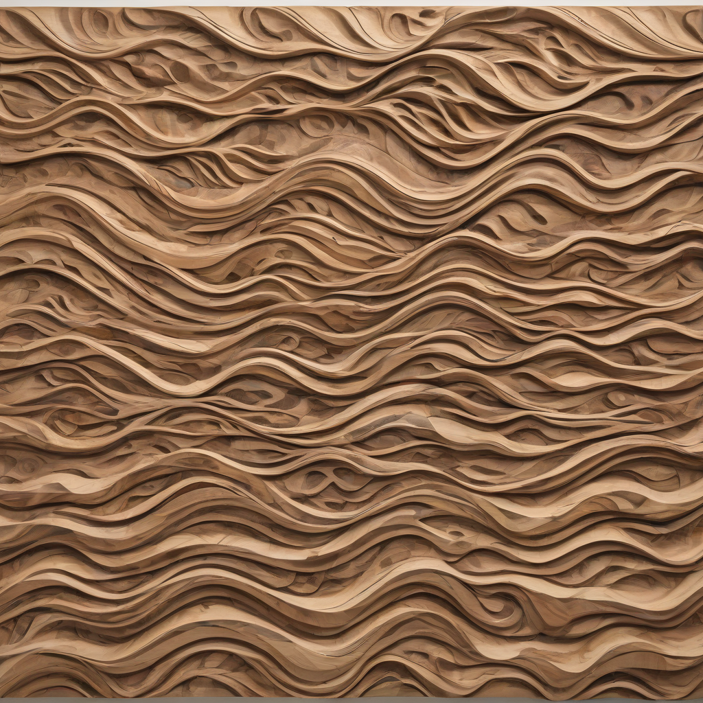 large, approximately 8’ by 4’ rectangular wooden wall panel installation. It features intricate, flowing wave-like patterns carved into the wood, creating a sense of movement and texture. The wood has a natural grain with varying shades of brown, beige, and light tan, giving it a warm and organic appearance. The carving appears to be deep and three-dimensional, with smooth, undulating ridges and valleys that mimic the flow of water or sand dunes., on a plain white background, even lighting