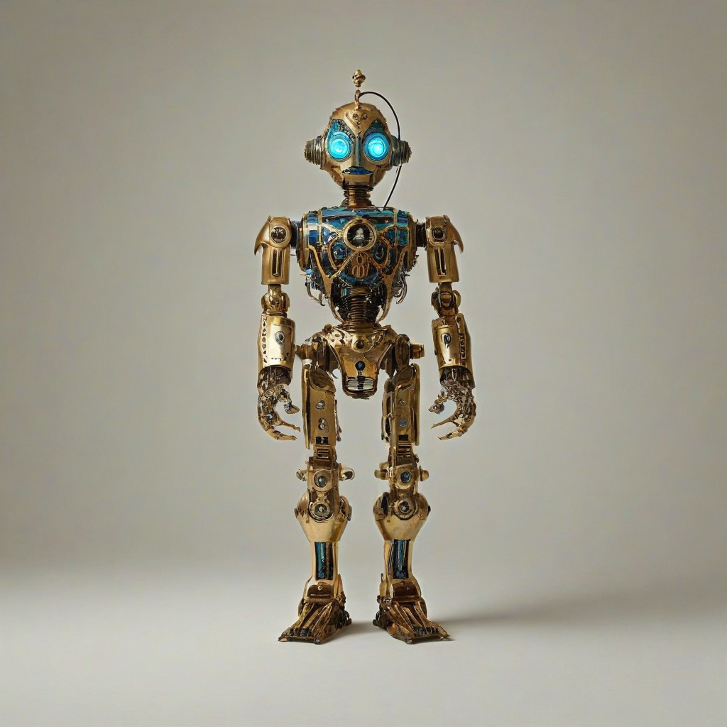 A full-body view of a robot named Cyan, with a Victorian-era inspired design, intricate brass details, and a dignified demeanor, set against a plain white background, with a warm, soft lighting and a slight sepia tone to evoke a sense of nostalgia, in a wide shot with its feet visible, on a plain white background, even lighting