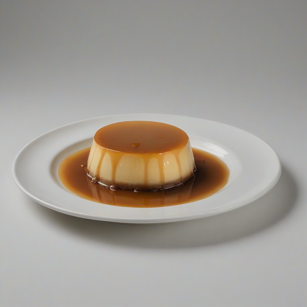 full-body view of a plate of flan on a plain white background, dessert, sweet, creamy, caramel sauce, on a plain white background, even lighting 