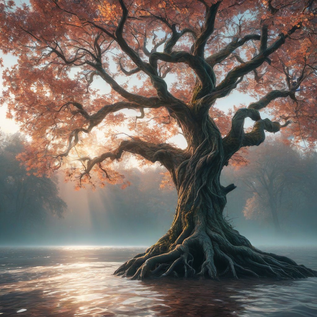 a majestic, enchanted tree with glowing leaves and twisted branches, standing tall in a serene landscape, with a school of salmon swimming in the nearby river, in a digital art style with vibrant colors and soft lighting, full-body view, on a plain white background, wide shot, with the tree's roots visible, on a plain white background, even lighting