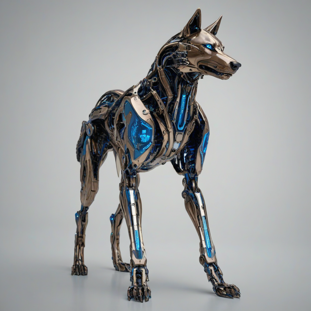A bronze, full-body, wide shot view of a futuristic, biopunk-inspired, cybernetic wolf with glowing blue circuits and metallic limbs, set against a plain white background, in a digital art style with high contrast and dynamic shadows, on a plain white background, even lighting 