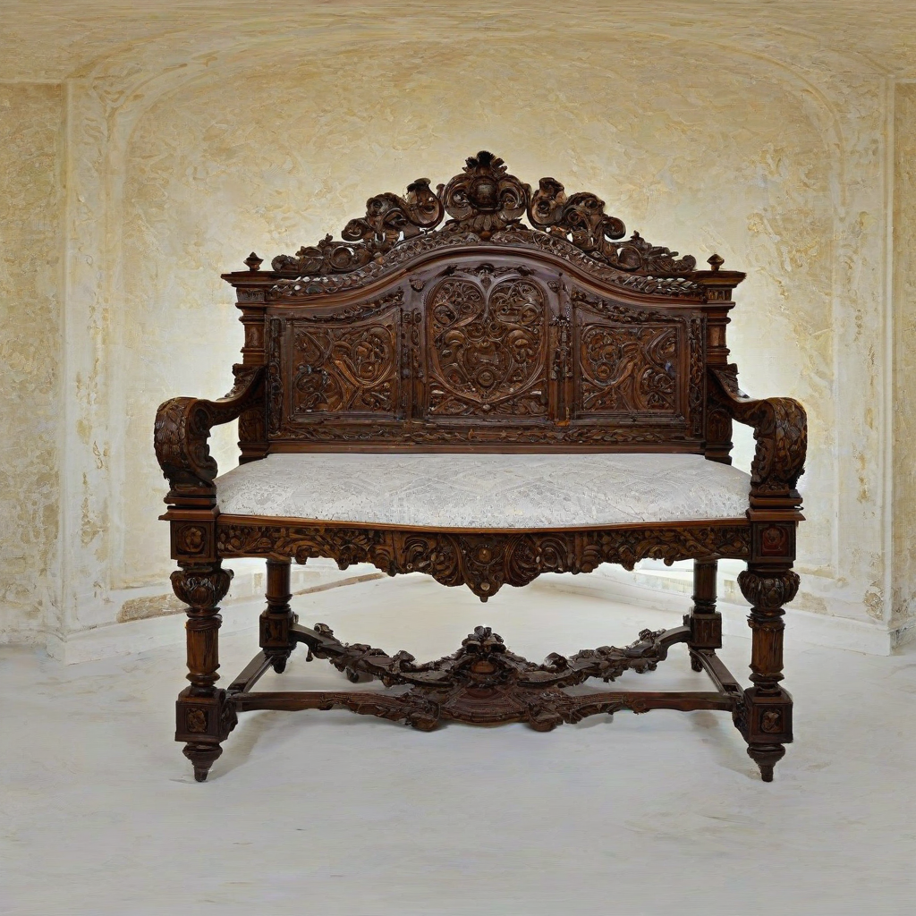 A beautifully crafted, ornate piece of Renaissance-style furniture, made from rich, dark wood and adorned with intricate carvings, on a plain white background, full-body view, with warm, golden lighting and soft, dynamic shadows, in the style of a classic oil painting, with a sense of depth and history, named Amber, on a plain white background, even lighting