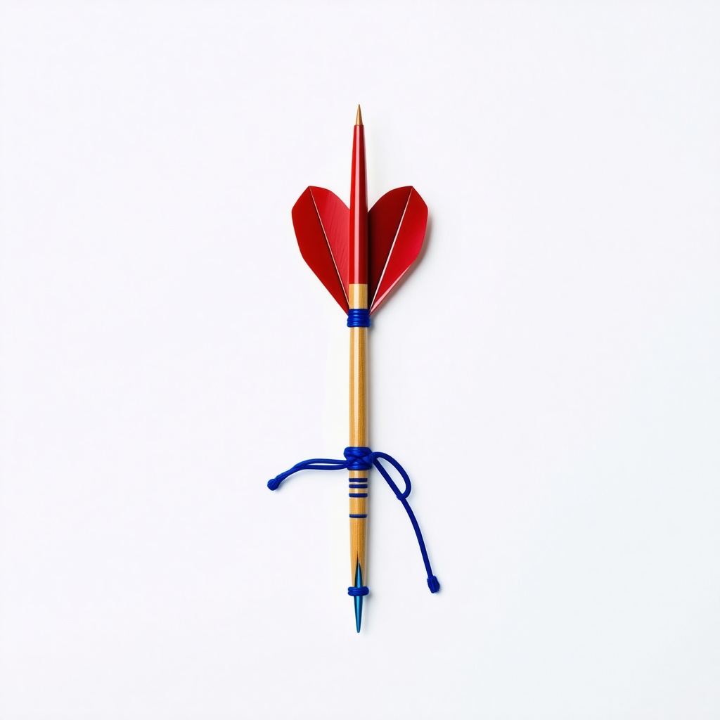 wood dart with red feathers and blue string tied around the middle