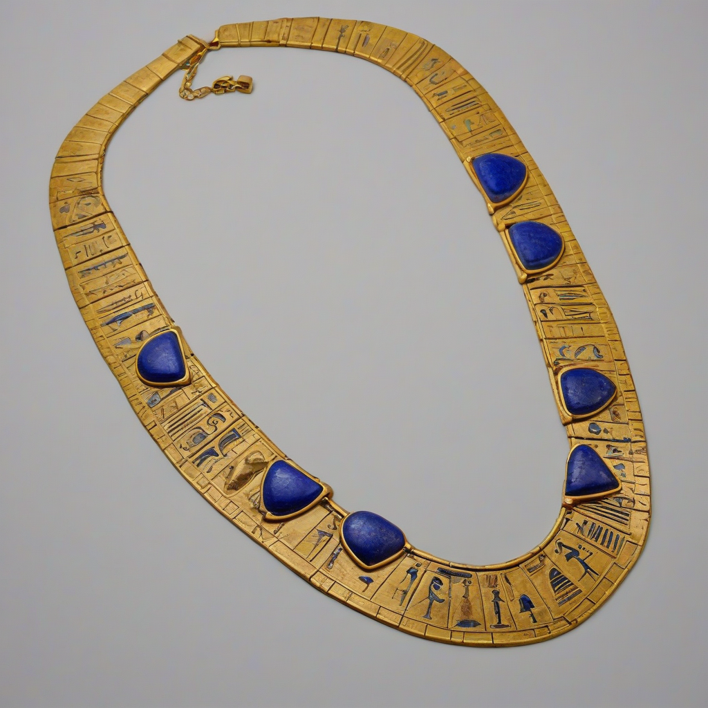 A gold Egyptian necklace with intricate hieroglyphic details and lapis lazuli stones, in a wide shot, full-body view, on a plain white background, with a soft, warm lighting and a slight sheen to the gold, in the style of ancient Egyptian jewelry, on a plain white background, even lighting 
