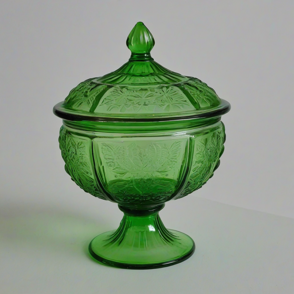 vintage, embossed, green glass candy dish, with lid, on a plain white background, even lighting