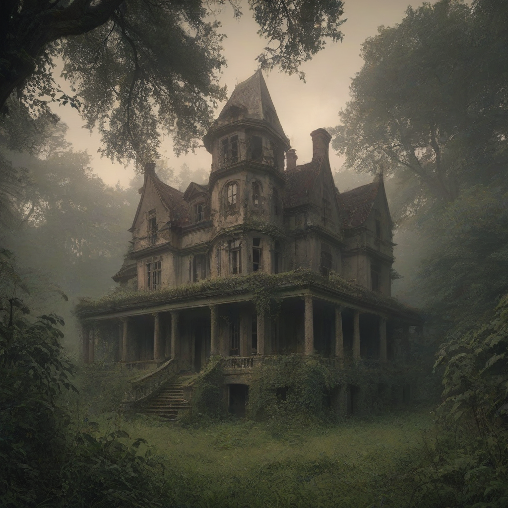 A grand, abandoned mansion with overgrown gardens and a crumbling facade, surrounded by dense woods with tall trees and winding vines, in a wide shot with a misty atmosphere, in the style of a digital painting with warm, muted colors and soft lighting